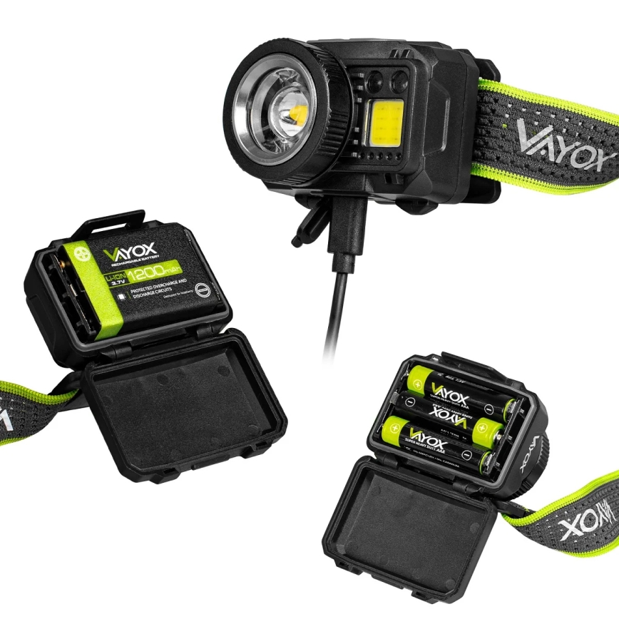 LED Stmívatelná nabíjecí čelovka se senzorem a červeným světlem LED/6W/5V/3xAAA IP66 500 lm 1200 mAh