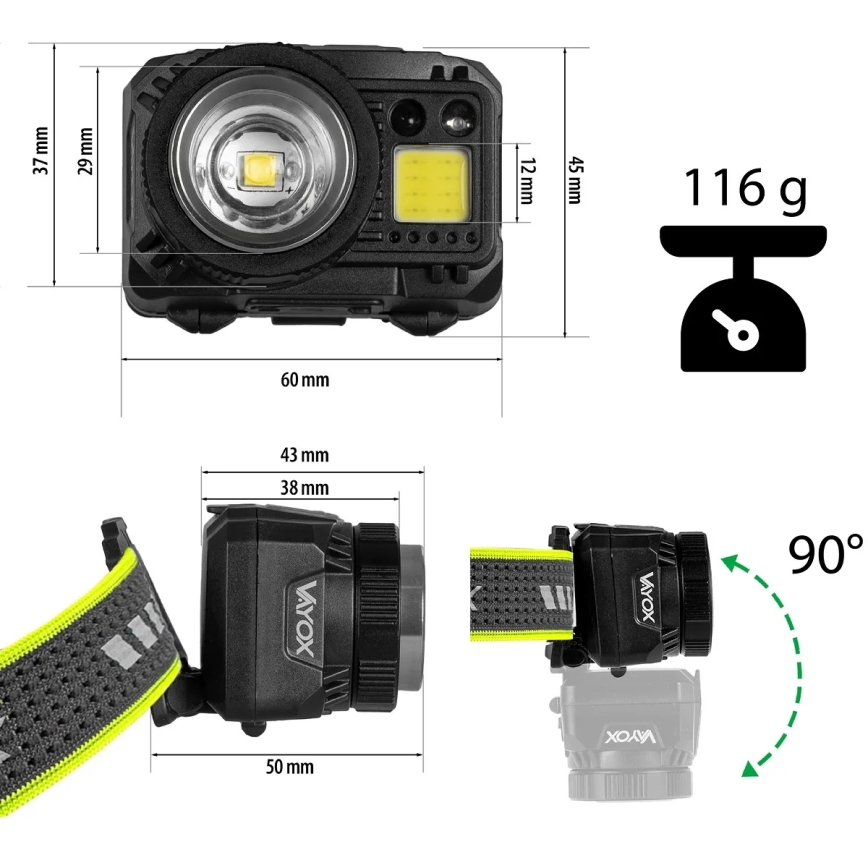LED Stmívatelná nabíjecí čelovka se senzorem a červeným světlem LED/6W/5V/3xAAA IP66 500 lm 1200 mAh