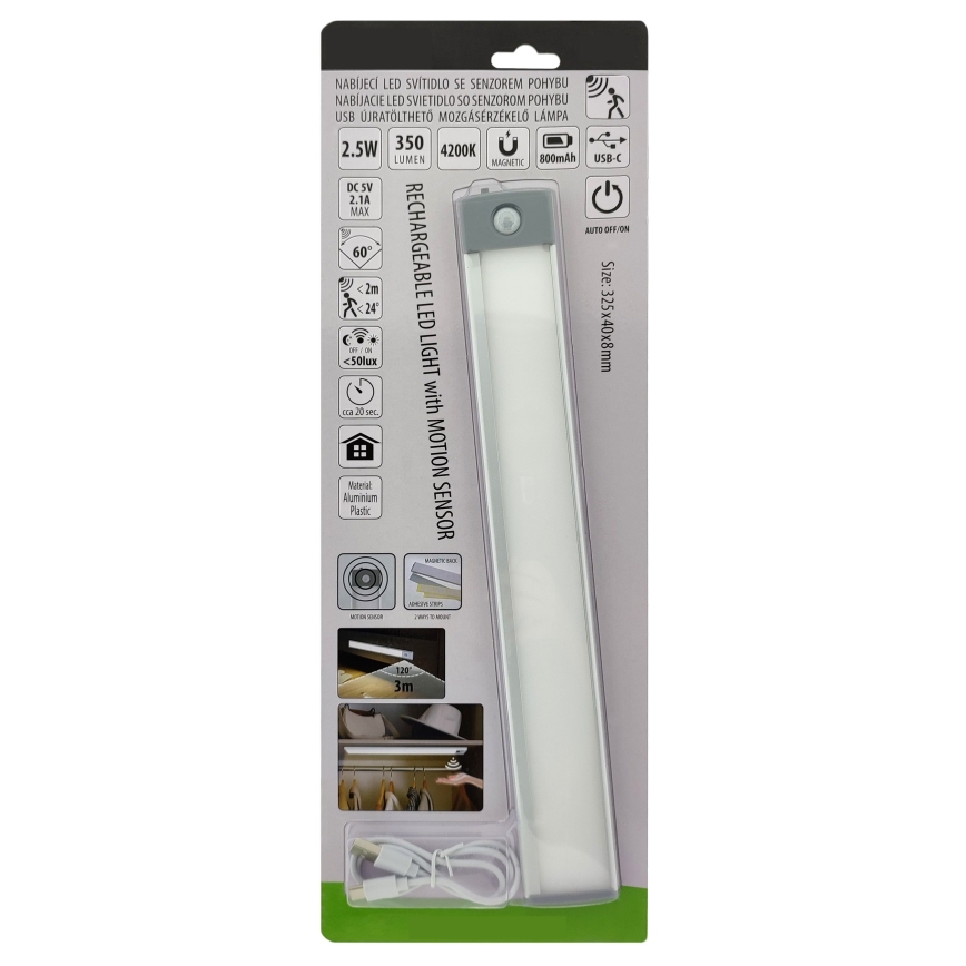 LED Nabíjecí osvětlení nábytku se senzorem LED/2,5W/5V USB 800 mAh 4200K 32,5 cm