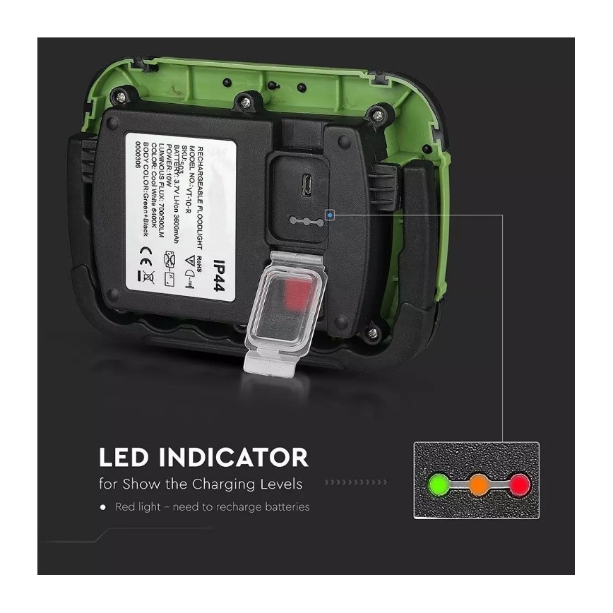 LED Nabíjecí reflektor SAMSUNG CHIP LED/10W/3,7V IP44 4000K 3600 mAh zelená