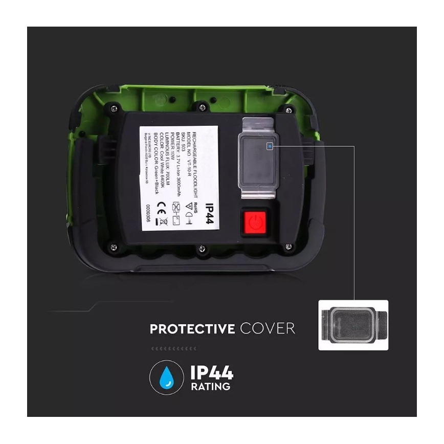LED Nabíjecí reflektor SAMSUNG CHIP LED/10W/3,7V IP44 4000K 3600 mAh zelená