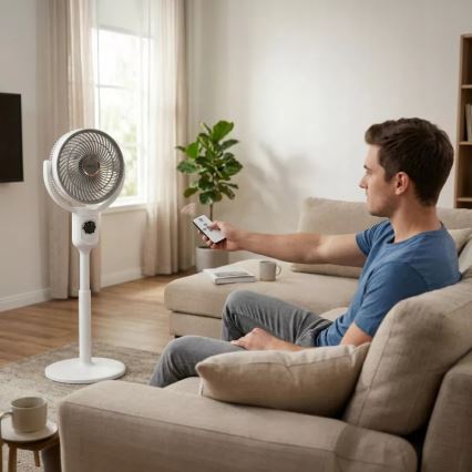 LED Nabíjecí stojanový ventilátor s LED osvětlením LED/4,8W/5V USB 7200 mAh bílá + dálkové ovládání