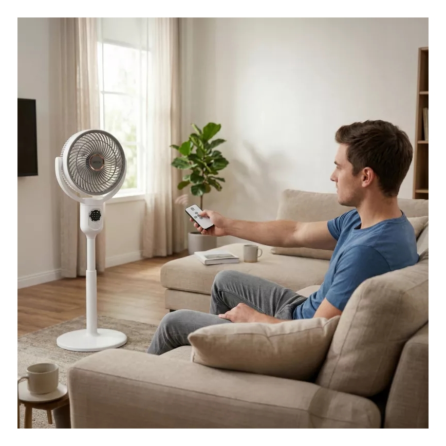 LED Nabíjecí stojanový ventilátor s LED osvětlením LED/4,8W/5V USB 7200 mAh bílá + dálkové ovládání