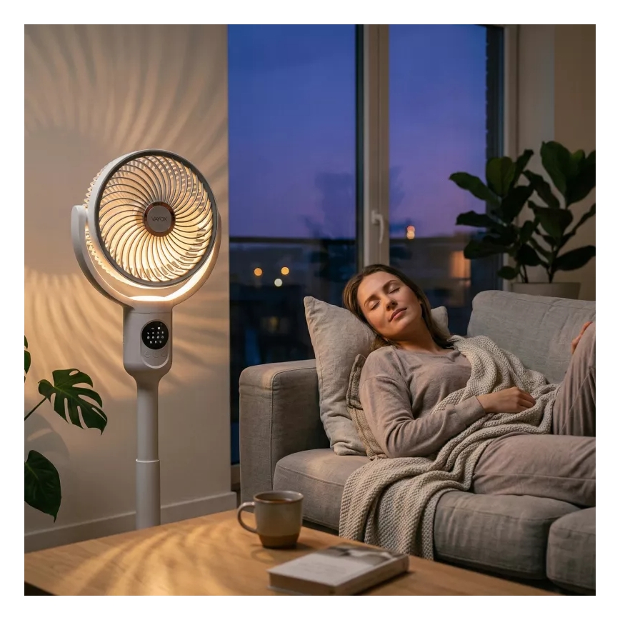 LED Nabíjecí stojanový ventilátor s LED osvětlením LED/4,8W/5V USB 7200 mAh bílá + dálkové ovládání