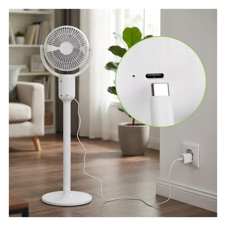 LED Nabíjecí stojanový ventilátor s LED osvětlením LED/4,8W/5V USB 7200 mAh bílá + dálkové ovládání