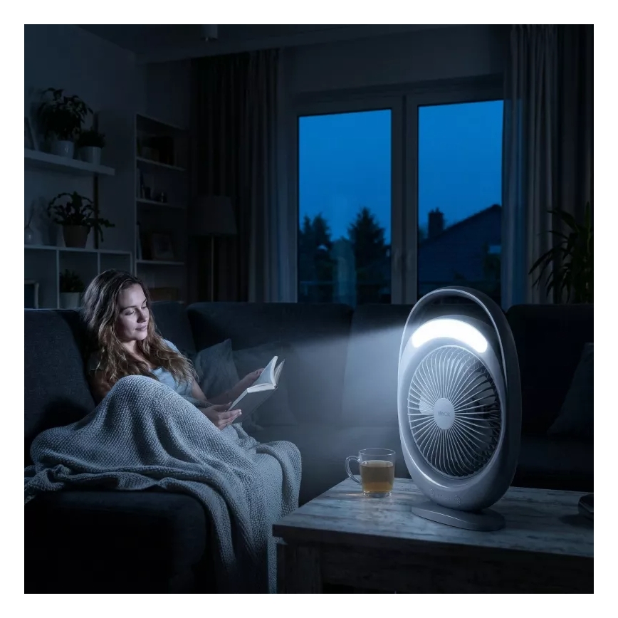 LED Nabíjecí stolní ventilátor s LED osvětlením LED/2,8W/5V USB 2400 mAh šedá