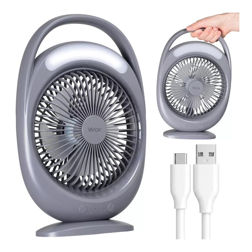 LED Nabíjecí stolní ventilátor s LED osvětlením LED/2,8W/5V USB 2400 mAh šedá