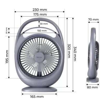 LED Nabíjecí stolní ventilátor s LED osvětlením LED/2,8W/5V USB 2400 mAh šedá
