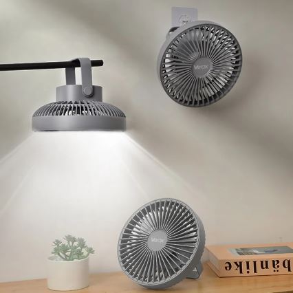 LED Nabíjecí stolní ventilátor s LED osvětlením LED/2W/5V USB 2400 mAh šedá