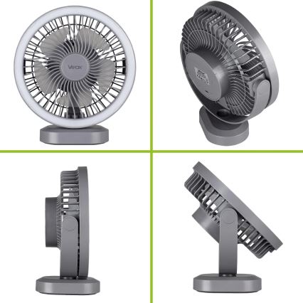 LED Nabíjecí stolní ventilátor s LED osvětlením LED/3W/5V USB 2400 mAh šedá