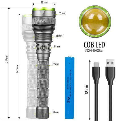 LED Stmívatelná nabíjecí svítilna s funkcí powerbanky LED/5V IPX7 10000 lm 2600 mAh