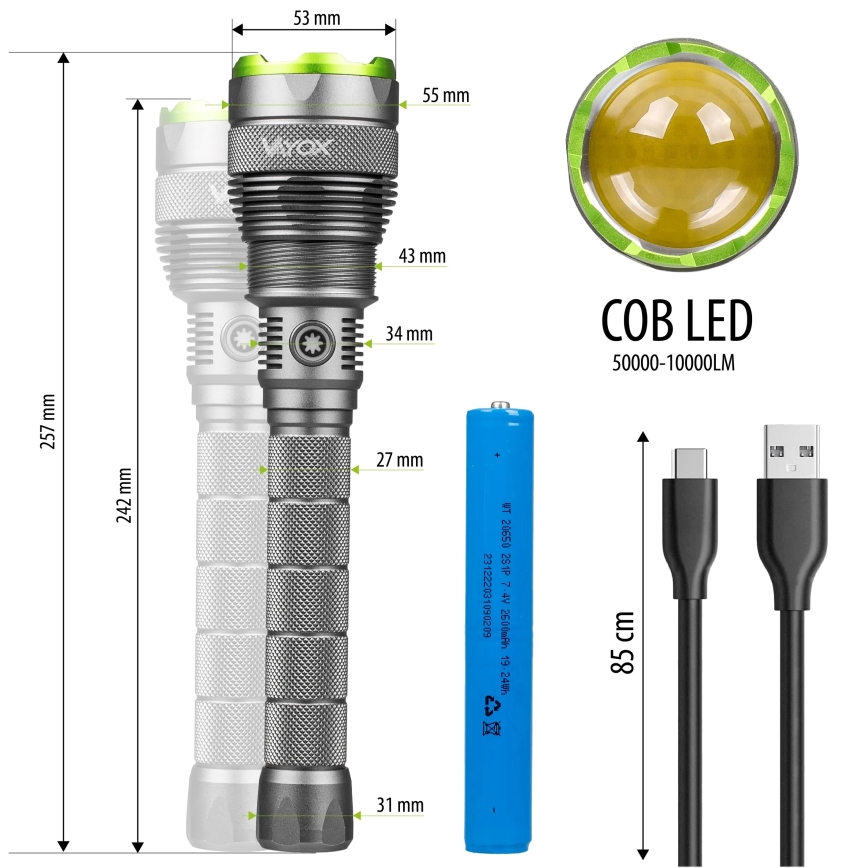 LED Stmívatelná nabíjecí svítilna s funkcí powerbanky LED/5V IPX7 10000 lm 2600 mAh