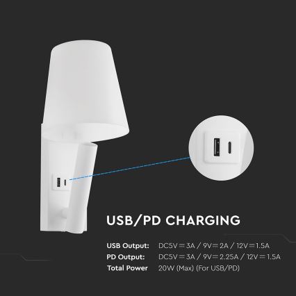 LED Nástěnná lampa s USB portem LED/2W/230V 3000K bílá