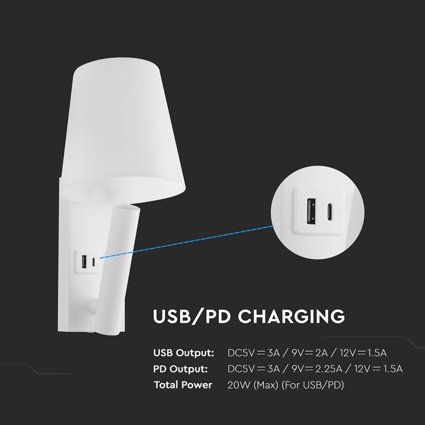 LED Nástěnná lampa s USB portem LED/2W/230V 3000K bílá