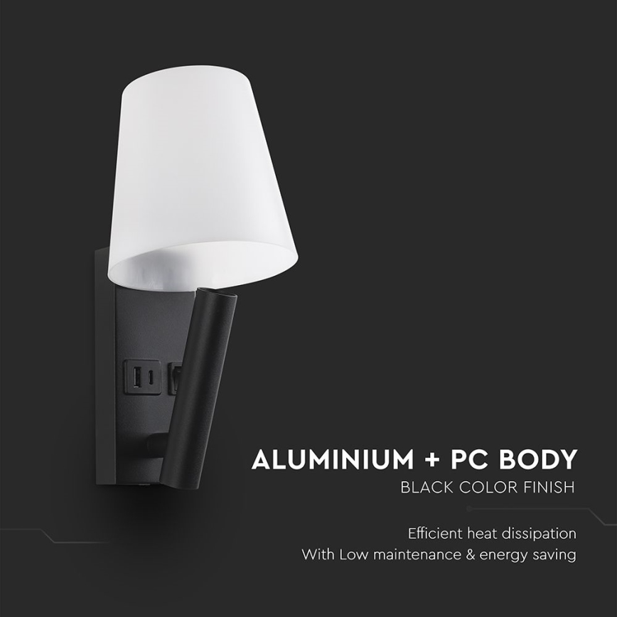 LED Nástěnná lampa s USB portem LED/2W/230V 3000K černá/bílá
