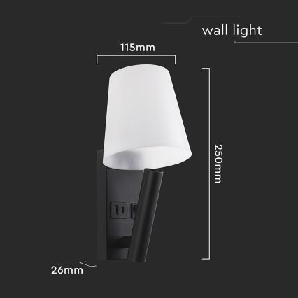 LED Nástěnná lampa s USB portem LED/2W/230V 3000K černá/bílá