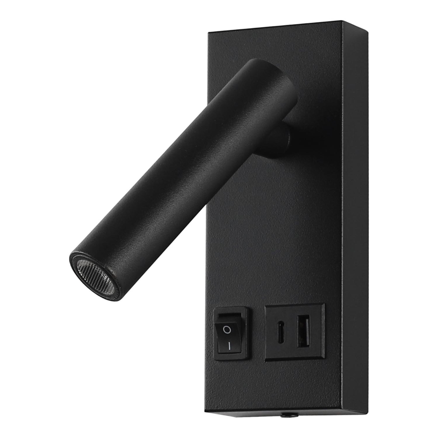 LED Nástěnné bodové svítidlo s USB LED/2W/230V černá