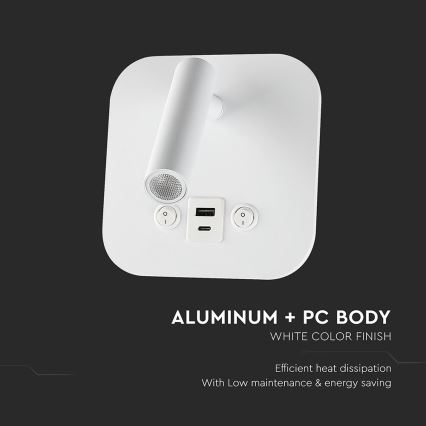 LED Nástěnné bodové svítidlo s USB portem LED/8W/230V 3000K bílá