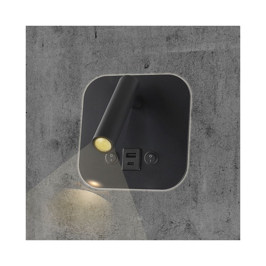 LED Nástěnné bodové svítidlo s USB portem LED/8W/230V 3000K černá
