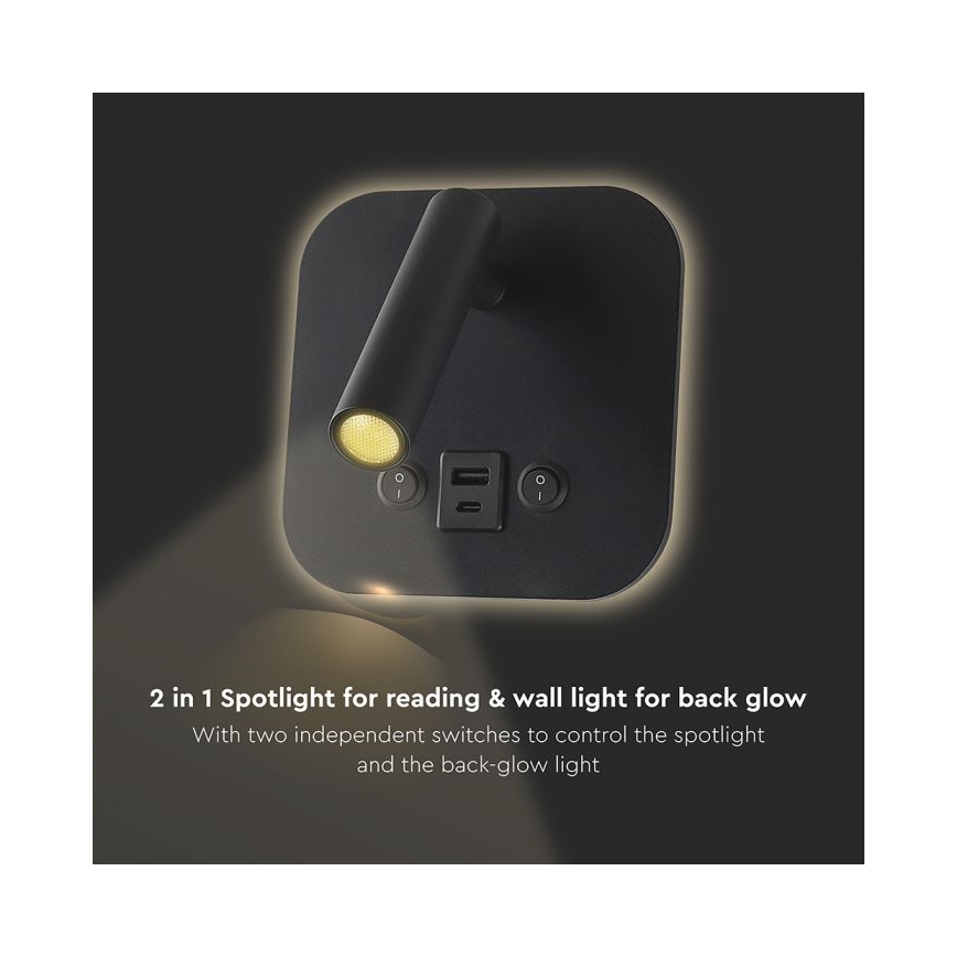 LED Nástěnné bodové svítidlo s USB portem LED/8W/230V 3000K černá