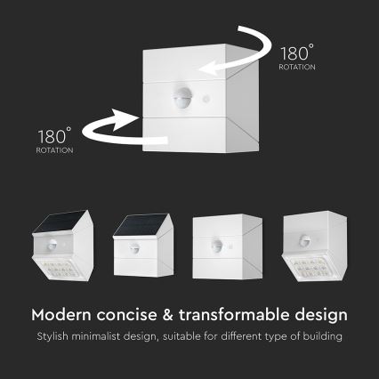 LED Nástěnné solární svítidlo se senzorem LED/2,5W/3,7V 3000/4000/6000K IP65 1200 mAh bílá