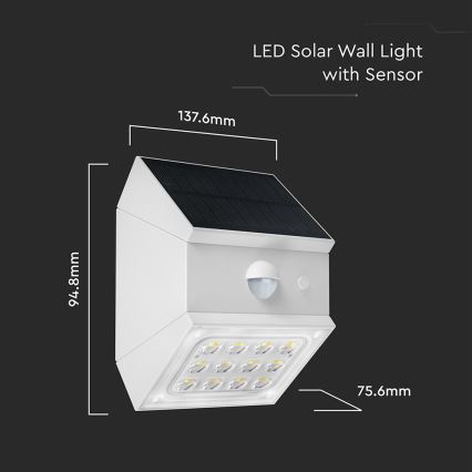 LED Nástěnné solární svítidlo se senzorem LED/2,5W/3,7V 3000/4000/6000K IP65 1200 mAh bílá