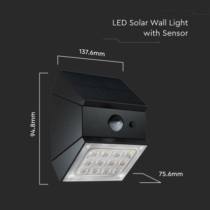 LED Nástěnné solární svítidlo se senzorem LED/2,5W/3,7V 3000/4000/6000K IP65 1200 mAh černá