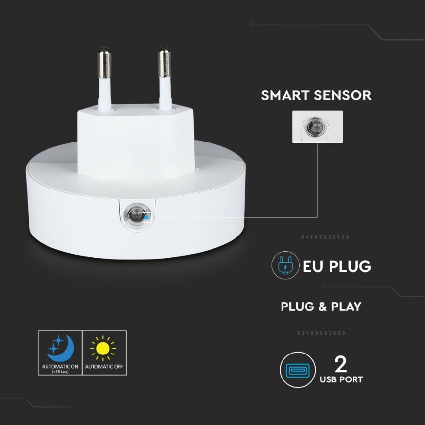 LED Noční světlo se senzorem soumraku do zásuvky 2xUSB LED/0,45W/230V 3000K