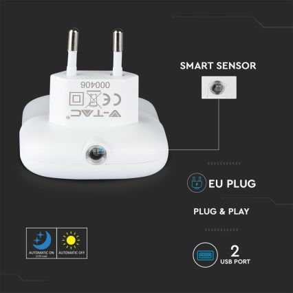 LED Noční světlo se senzorem soumraku do zásuvky 2xUSB LED/0,45W/230V 3000K