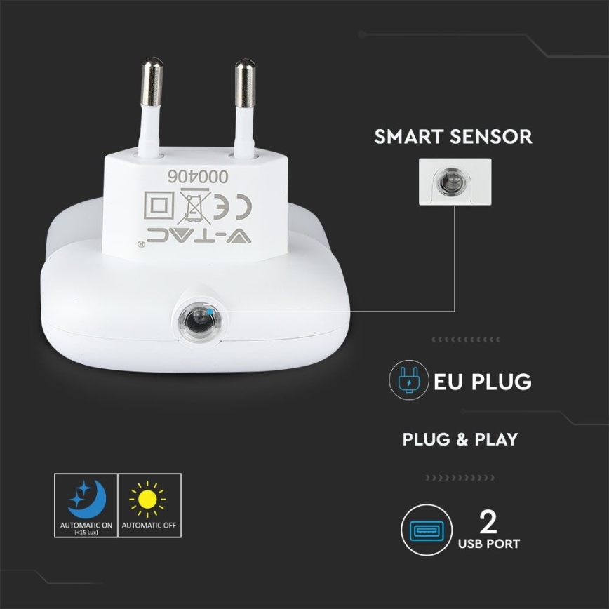 LED Noční světlo se senzorem soumraku do zásuvky 2xUSB LED/0,45W/230V 3000K