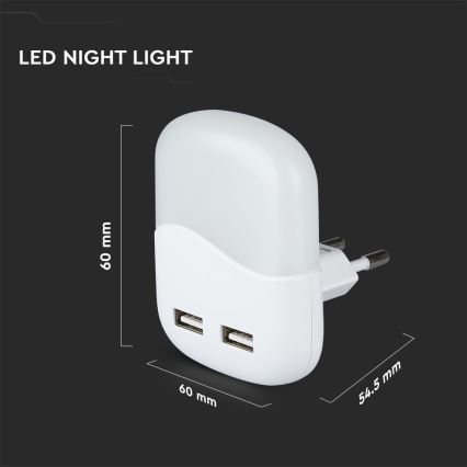 LED Noční světlo se senzorem soumraku do zásuvky 2xUSB LED/0,45W/230V 3000K