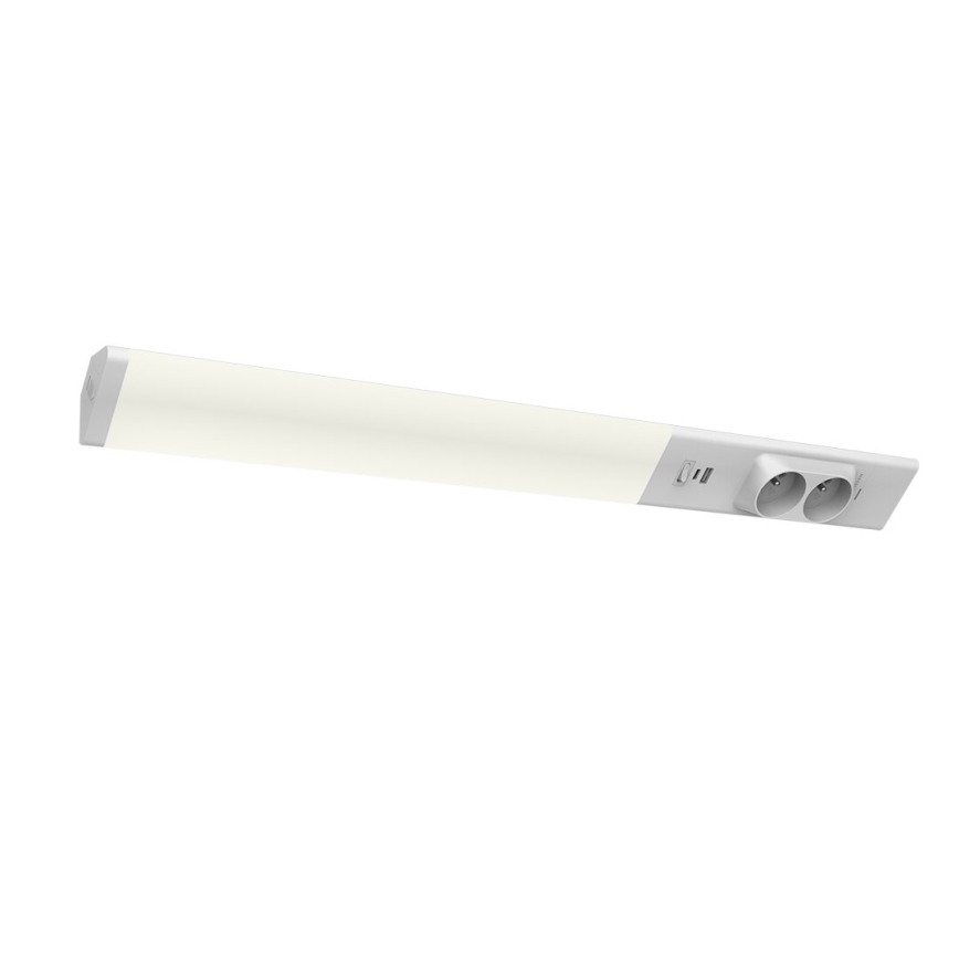 LED Podlinkové svítidlo se zásuvkami a USB porty LED/18W/230V 4000K stříbrná