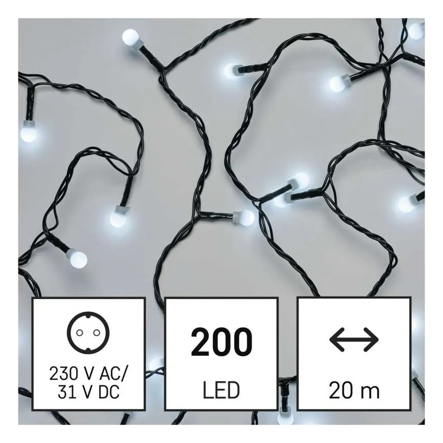 LED  řetěz 200xLED/8 funkcí 20m IP44 studená bílá