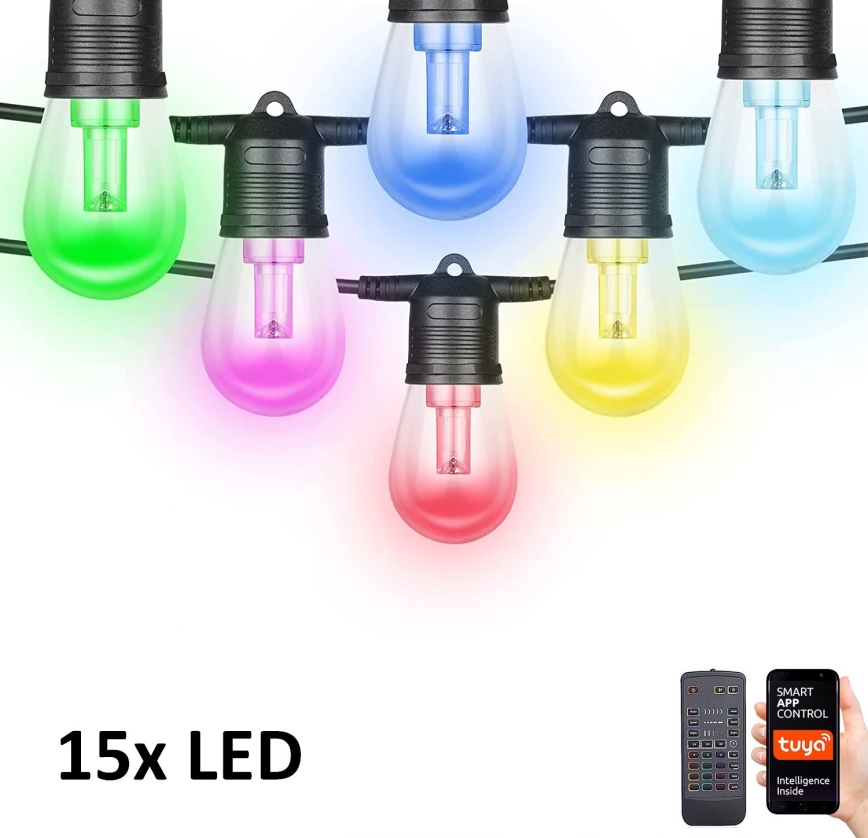 LED RGB+CCT Stmívatelný venkovní řetěz GIRLANDA 15xLED/1W/230V 15m Wi-Fi Tuya IP65 + dálkové ovládání