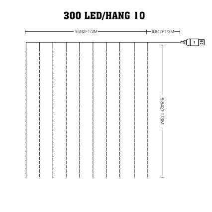 LED RGB Stmívatelný vánoční závěs WIZARD 300xLED/USB 3x3m + dálkové ovládání