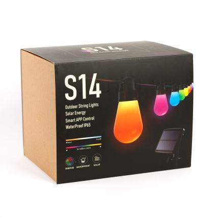 LED RGBIC Stmívatelný solární řetěz 30xLED/1,3W/3,7/5V 2200 mAh 14,37 m IP65 černá + dálkové ovládání