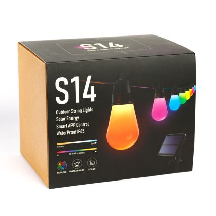 LED RGBIC Stmívatelný solární řetěz 15xLED/1,3W/3,7/5V 2200 mAh 8 m IP65 černá + dálkové ovládání