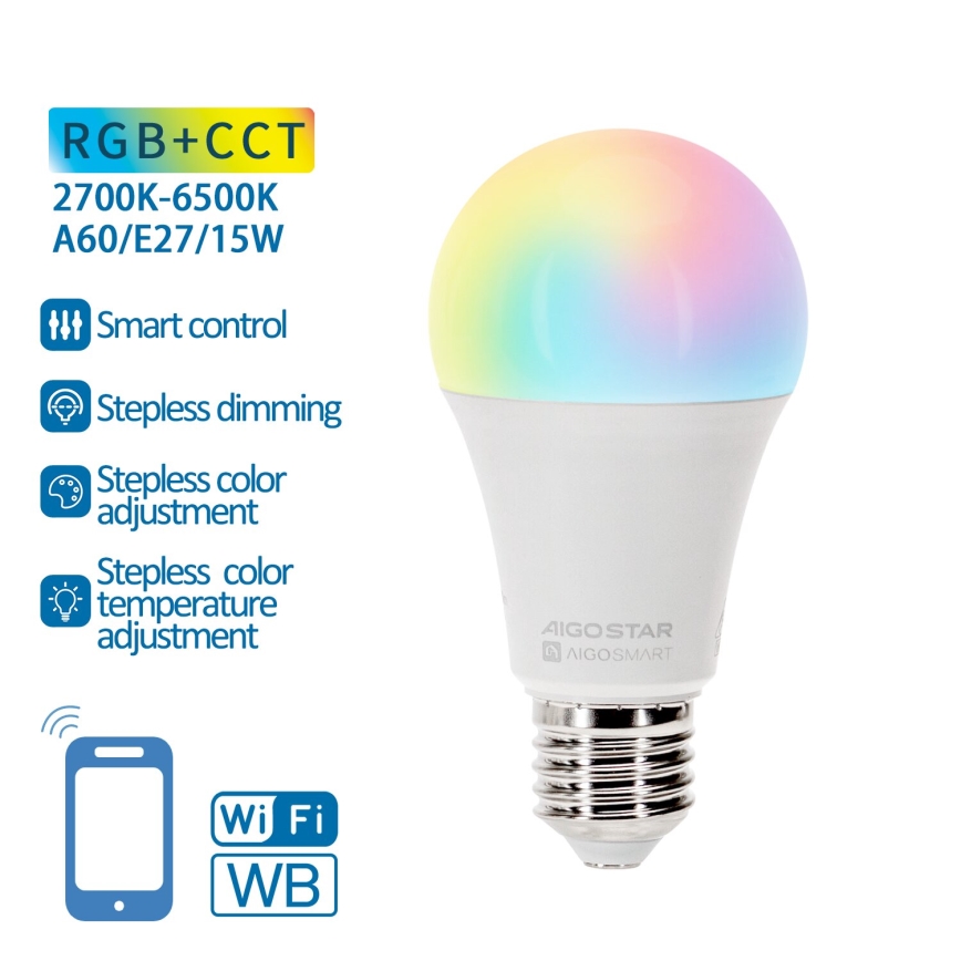 LED RGBW Stmívatelná žárovka A60 E27/15W/230V 2700-6500K Wi-Fi - Aigostar
