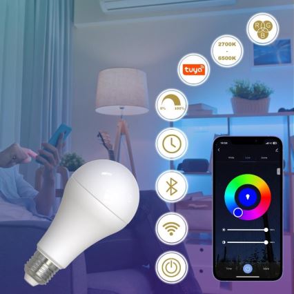 LED RGBW Stmívatelná žárovka A60 E27/15W/230V 2700-6500K Wi-Fi Tuya