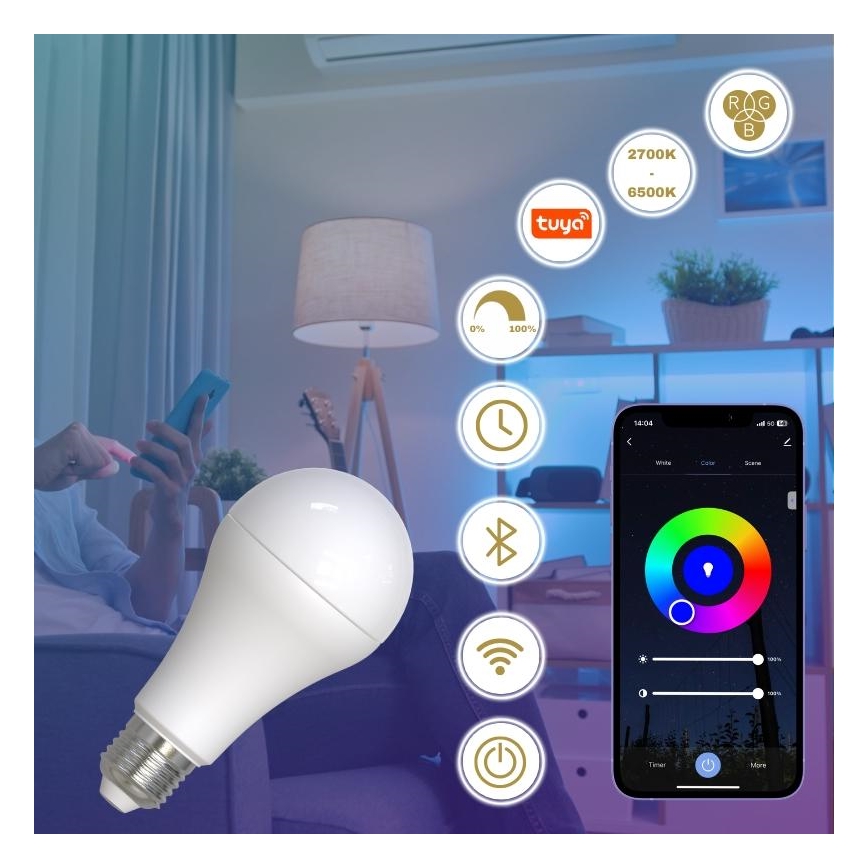 LED RGBW Stmívatelná žárovka A60 E27/15W/230V 2700-6500K Wi-Fi Tuya