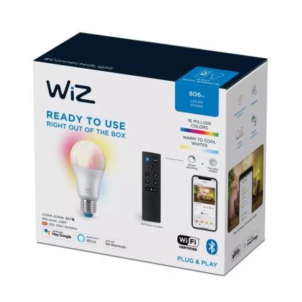 LED RGBW Stmívatelná žárovka A60 E27/8,5W/230V 2200-6500K  CRI 90 Wi-Fi + dálkové ovládání - WiZ