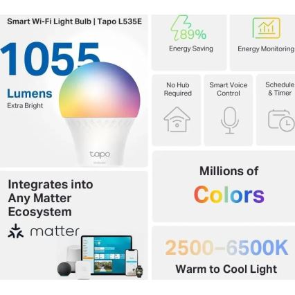 LED RGBW Stmívatelná žárovka A60 E27/8,6W/230V 2500-6500K Wi-Fi - TP-Link