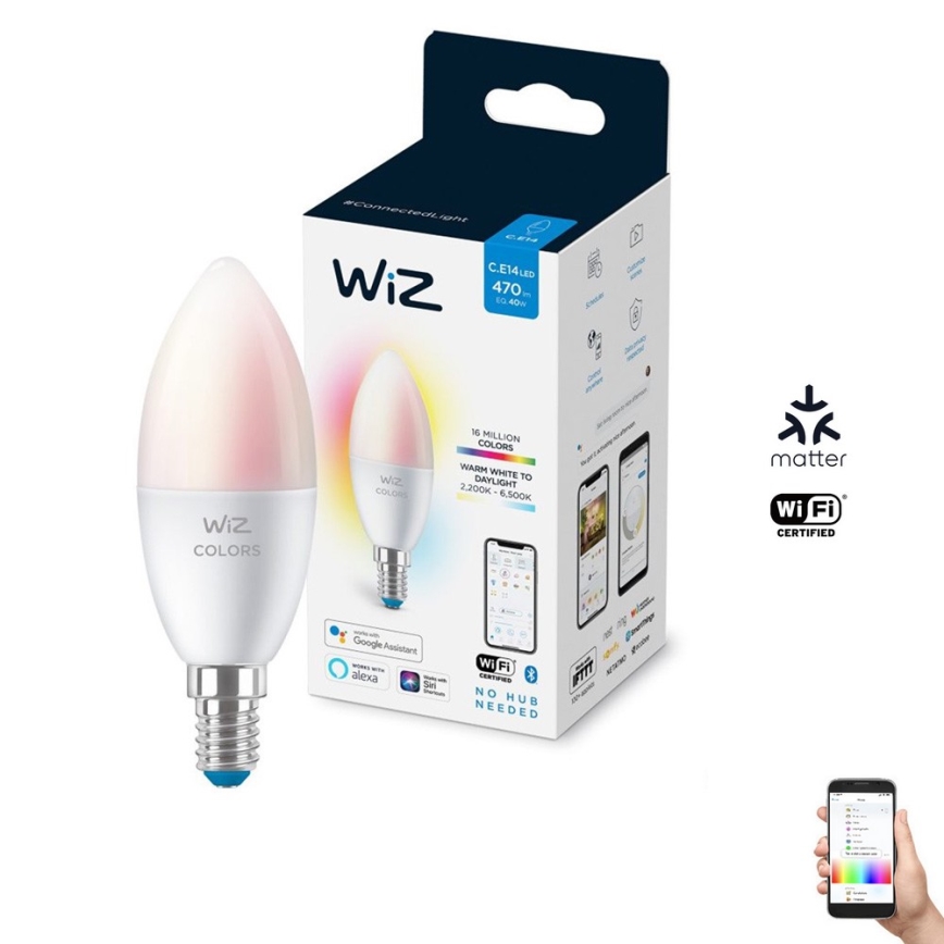 LED RGBW Stmívatelná žárovka C37 E14/4,9W/230V 2200-6500K CRI 90 Wi-Fi -WiZ