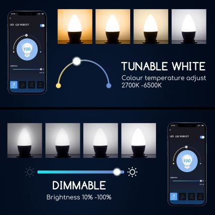 LED RGBW Stmívatelná žárovka C37 E27/5W/230V 3000-6500K Wi-Fi - Aigostar
