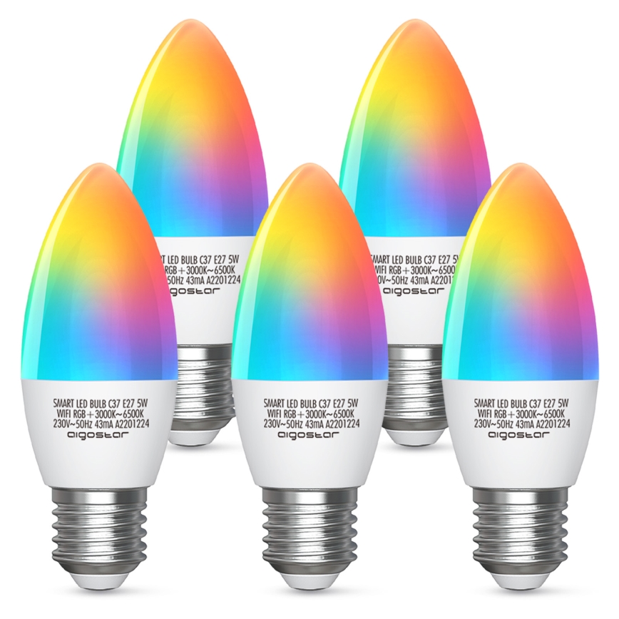 LED RGBW Stmívatelná žárovka C37 E27/5W/230V 3000-6500K Wi-Fi - Aigostar