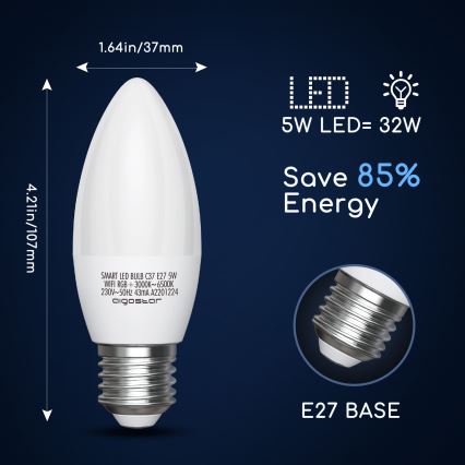 LED RGBW Stmívatelná žárovka C37 E27/5W/230V 3000-6500K Wi-Fi - Aigostar