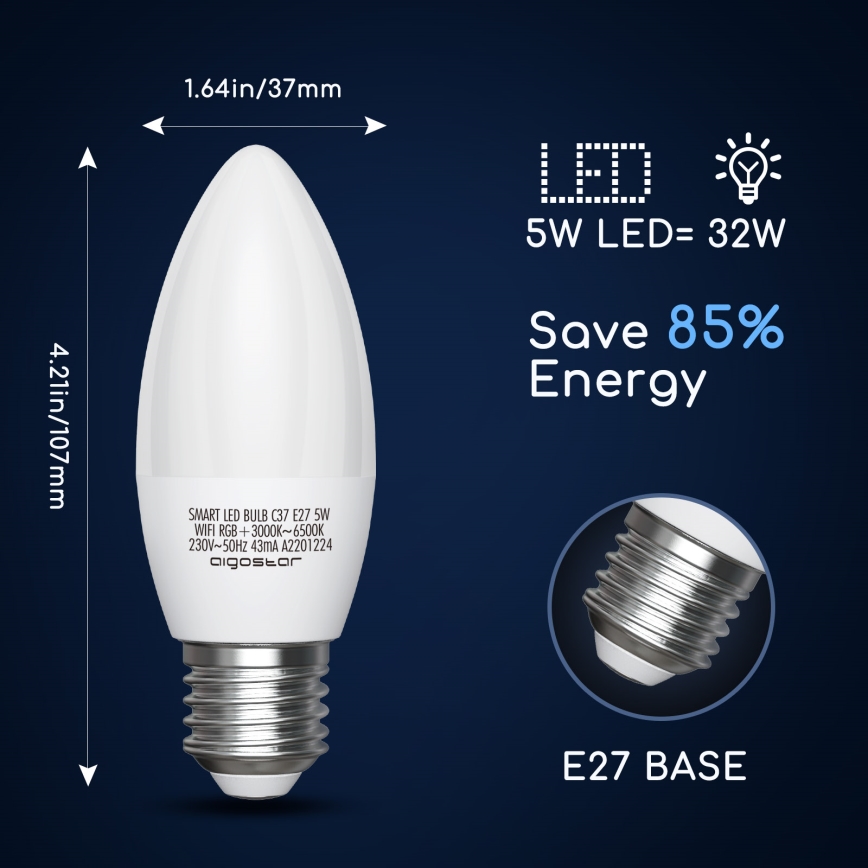 LED RGBW Stmívatelná žárovka C37 E27/5W/230V 3000-6500K Wi-Fi - Aigostar