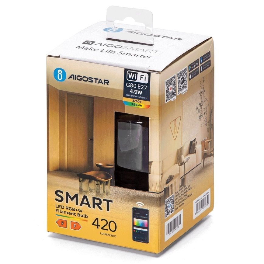 LED RGBW Stmívatelná žárovka FILAMENT G80 E27/4,9W/230V 2700K Wi-Fi - Aigostar