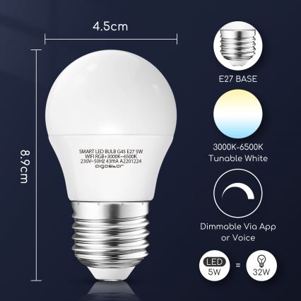 LED RGBW Stmívatelná žárovka G45 E27/5W/230V 3000-6500K Wi-Fi - Aigostar