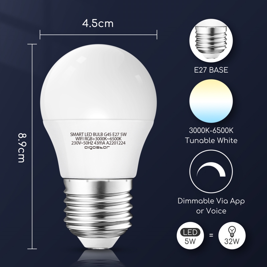 LED RGBW Stmívatelná žárovka G45 E27/5W/230V 3000-6500K Wi-Fi - Aigostar